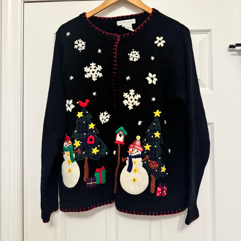 Victoria Jones Women’s Christmas Holiday Winter Snowman Cardigan Sweater Medium